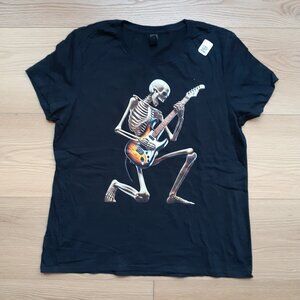 New Women's Large Skeleton Guitar Player Black T-Shirt
